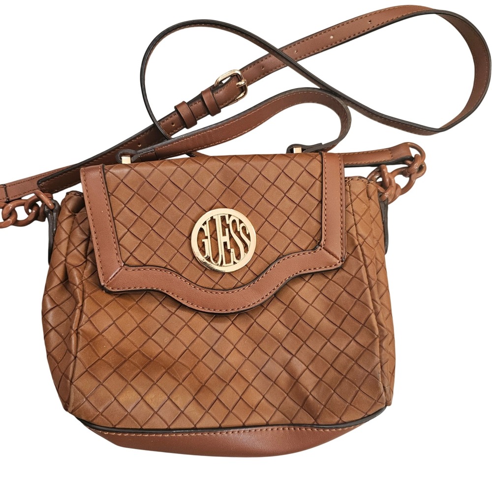 Guess Cognac Brown Woven Crossbody Bag Gold Logo Flap Handbag